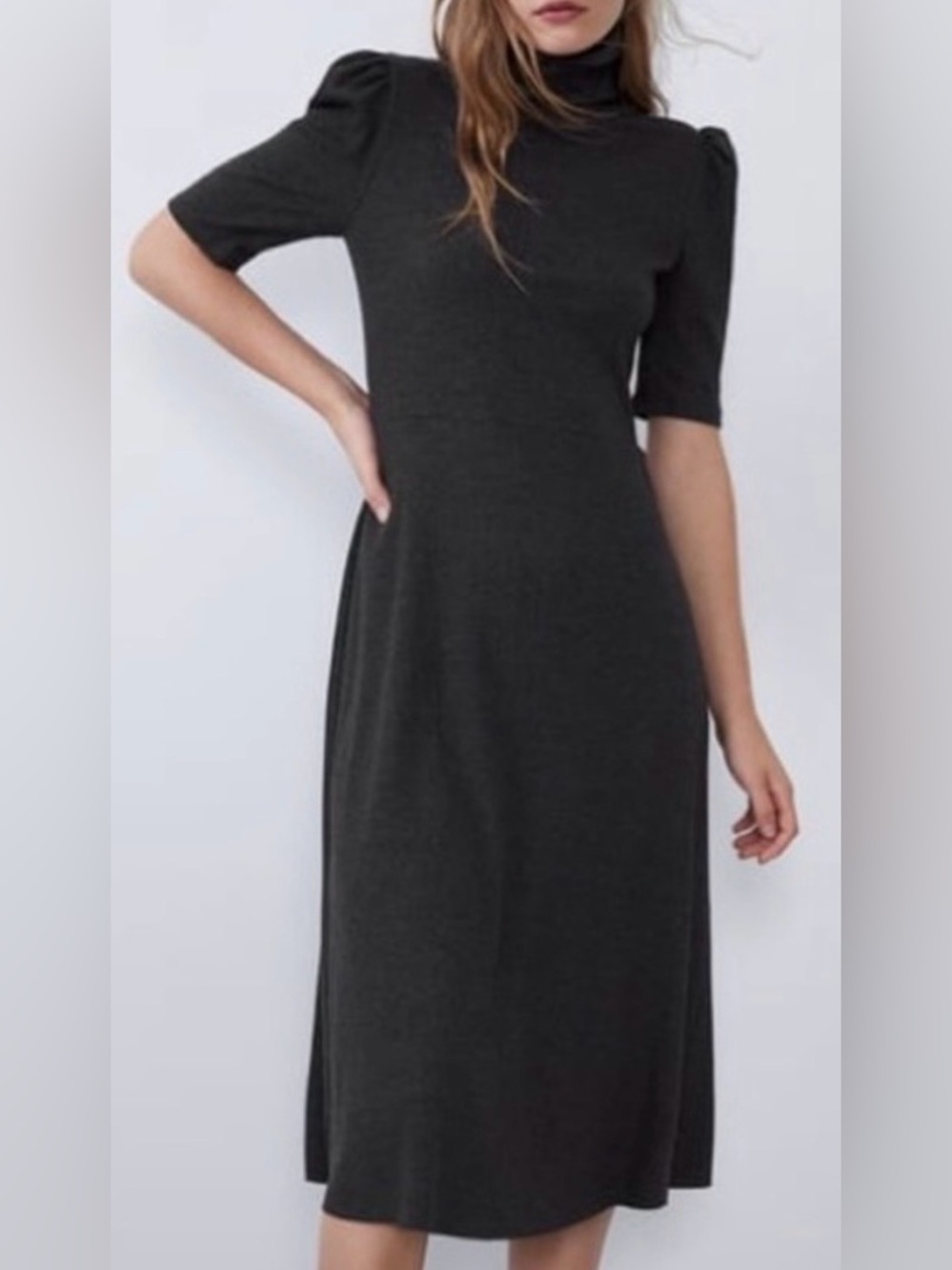 Zara Ribbed Turtleneck Puff Sleeve Midi Dress Black Size Medium
